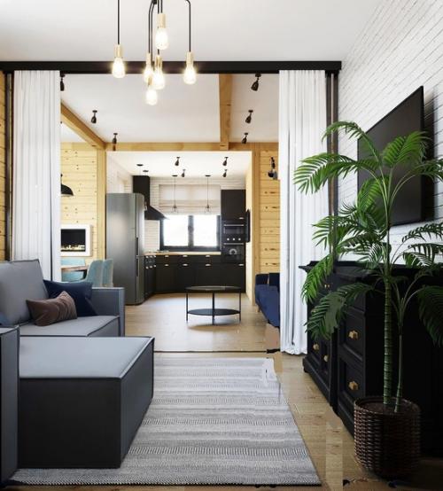 Зоны кухни, гостиной, столовой в загородном доме. 01