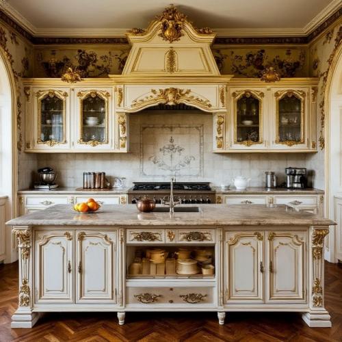 Стиль барокко в интерьере кухни подразумевает использование дорогих материалов и декоративных элементов. 03