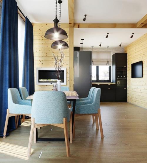 Зоны кухни, гостиной, столовой в загородном доме. 04