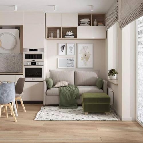 Ощущение чистоты, воздуха и пространства в совокупности с элегантностью, женственностью и изысканностью - основа этого интерьера кухни - гостиной. 01