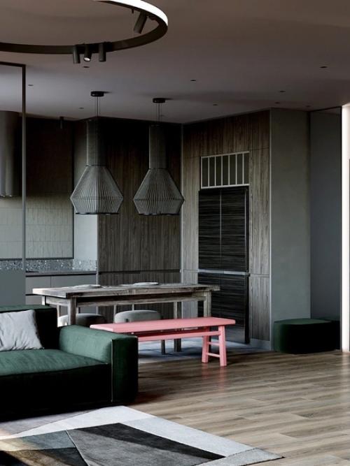 Интерьер кухни - гостиной в темной цвете. 09