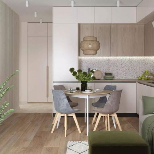 Ощущение чистоты, воздуха и пространства в совокупности с элегантностью, женственностью и изысканностью - основа этого интерьера кухни - гостиной. 02