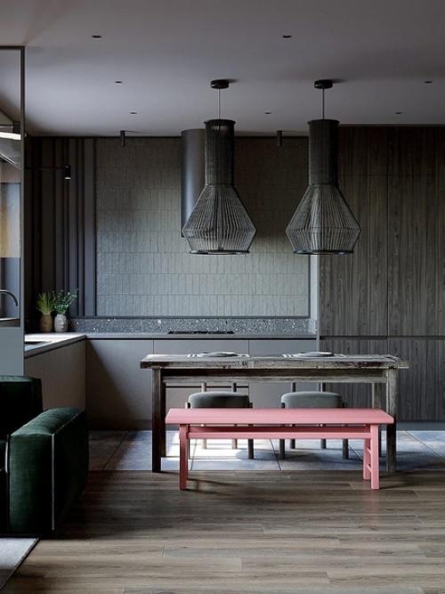 Интерьер кухни - гостиной в темной цвете. 08