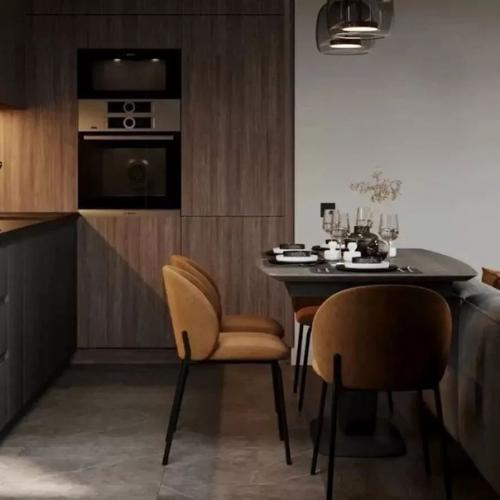 Благодаря насыщенности и глубине цвета этот интерьер кухни - гостиной площадью 25 кв. 02