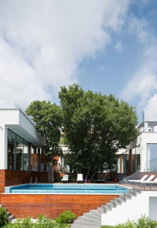 Шикарный интерьер виллы в Крыму с дубом прямо на террасе.