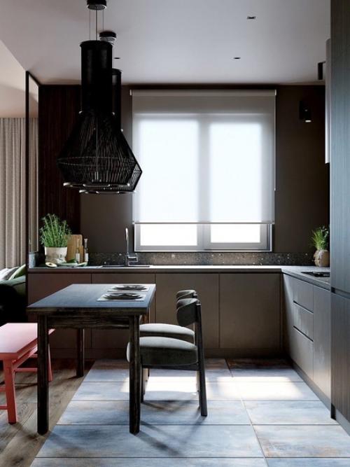 Интерьер кухни - гостиной в темной цвете. 04