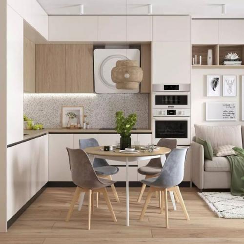 Ощущение чистоты, воздуха и пространства в совокупности с элегантностью, женственностью и изысканностью - основа этого интерьера кухни - гостиной. 03