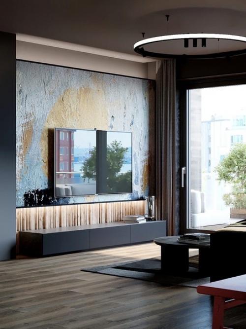 Интерьер кухни - гостиной в темной цвете. 06