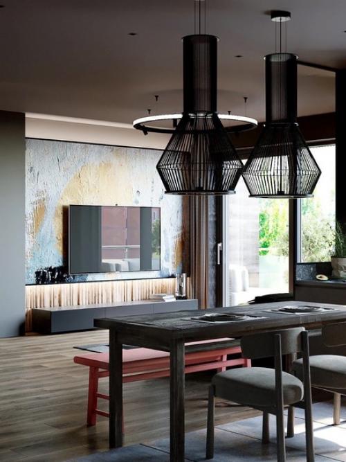 Интерьер кухни - гостиной в темной цвете. 03