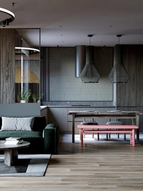 Интерьер кухни - гостиной в темной цвете. 07