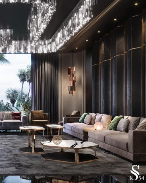 Изысканная гостиная с люстрой арт - объектом от Studia 54. 01