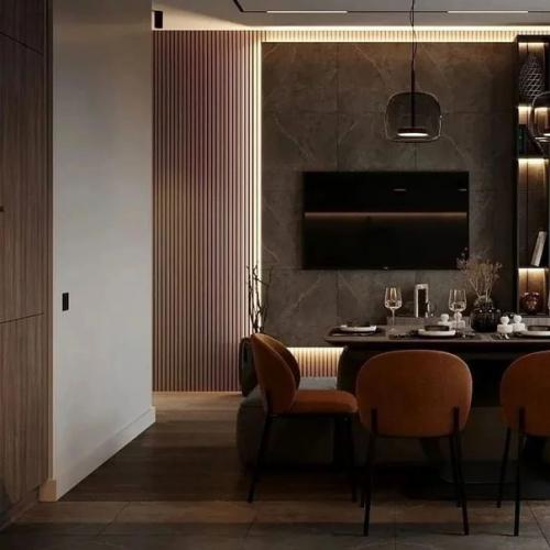 Благодаря насыщенности и глубине цвета этот интерьер кухни - гостиной площадью 25 кв. 04