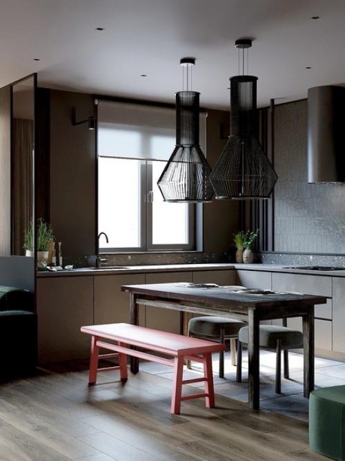 Интерьер кухни - гостиной в темной цвете. 02