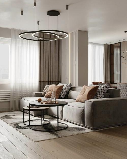 Дизайн кухни - гостиной в базовых серых оттенках. 04