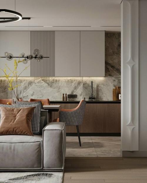 Дизайн кухни - гостиной в базовых серых оттенках. 03