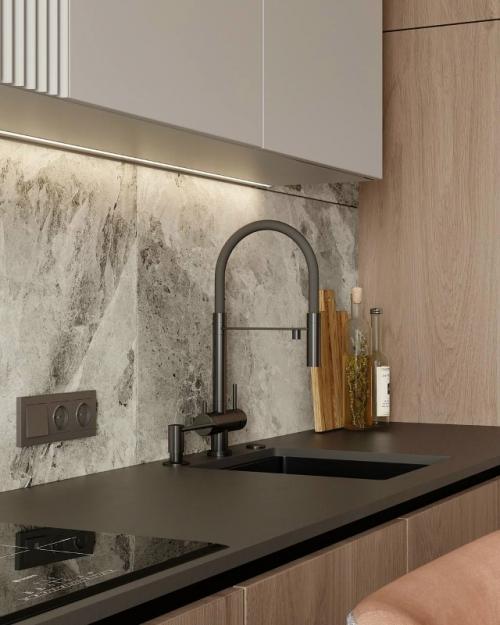 Дизайн кухни - гостиной в базовых серых оттенках. 08