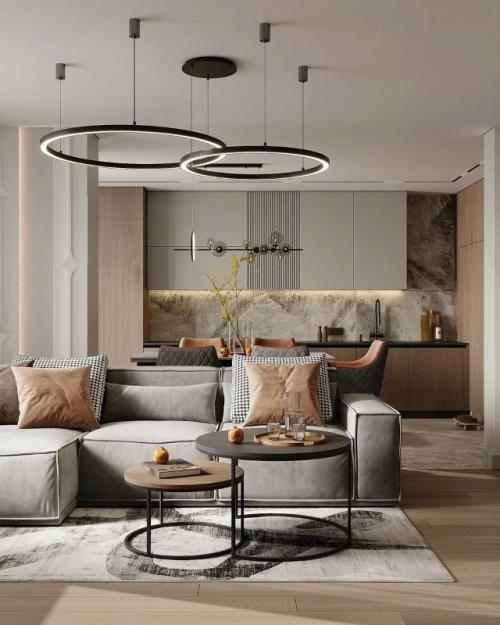 Дизайн кухни - гостиной в базовых серых оттенках.