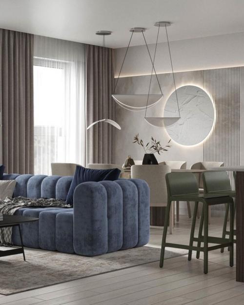 Интерьер гостиной с синим акцентом. 02