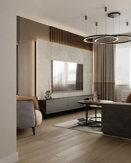 Дизайн кухни - гостиной в базовых серых оттенках. 01