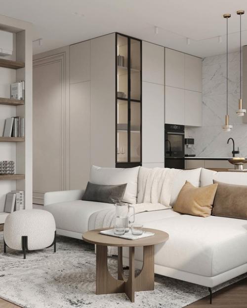 Дизайн кухни гостиной в светлых тонах. 02