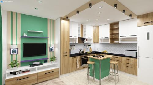 Наш дизайнер сделал проект кухни - гостиной в загородном доме для молодой семьи сразу в двух цветовых решениях. 05