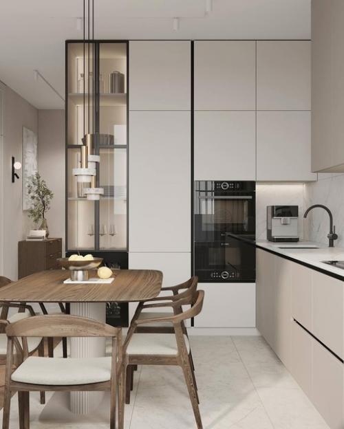 Дизайн кухни гостиной в светлых тонах. 01