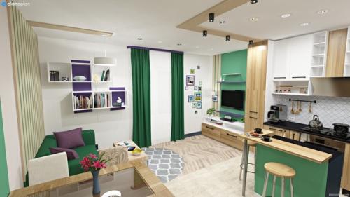 Наш дизайнер сделал проект кухни - гостиной в загородном доме для молодой семьи сразу в двух цветовых решениях. 04