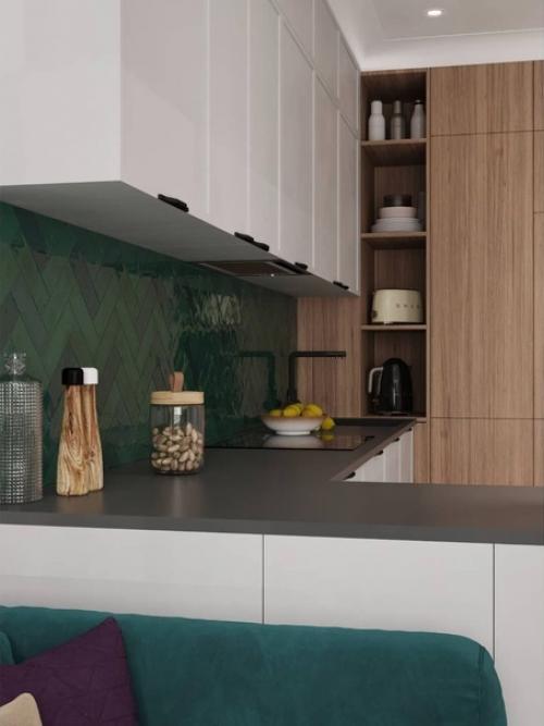 Глубокий изумрудный в интерьере кухни - гостиной. 04