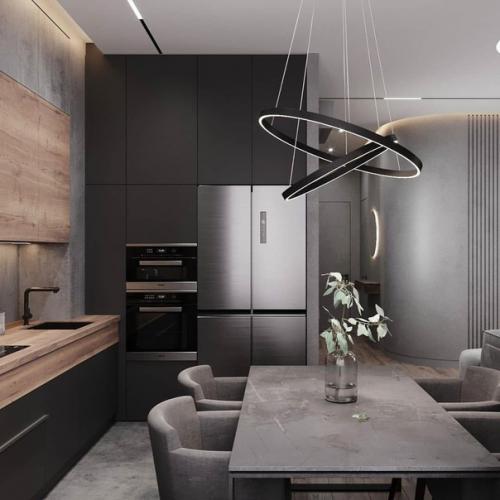 Для оформления интерьера этой кухни - гостиной было выбрано контрастное сочетание тёмного графита с текстурой бетона и дерева. 02