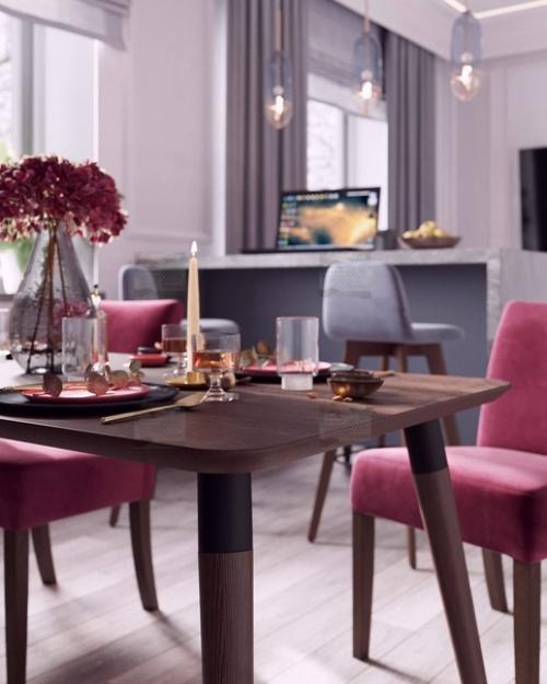 Яркий дизайн интерьера объединенной кухни - гостиной в студии. 01