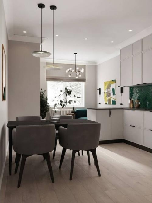 Глубокий изумрудный в интерьере кухни - гостиной. 05