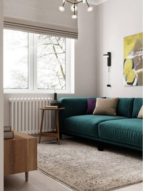 Глубокий изумрудный в интерьере кухни - гостиной. 01