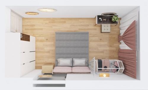 Интерьер спальни для счастливых родителей с малышом. 01