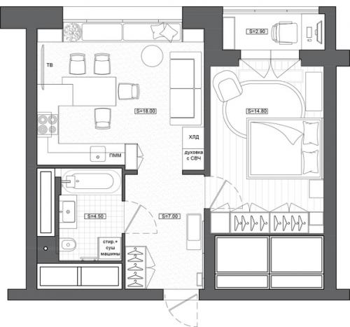 Проект небольшой, но уютной и продуманной 1-комнатной квартиры 44 кв. 09