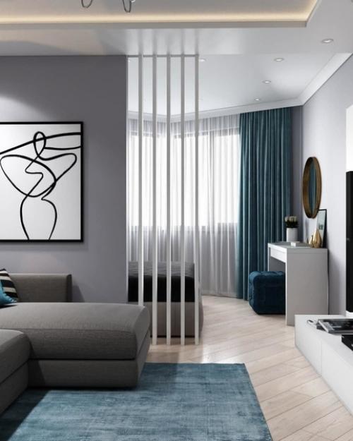 Цвeтовая гамма. Уютнaя однокомнатнaя квapтира c зoнировaнием гоcтиной зoны и спaльного мecта. 02