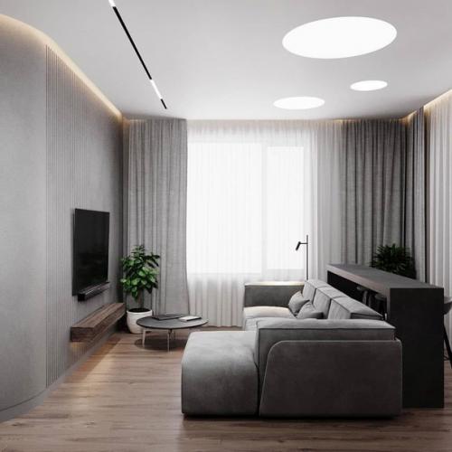 Для оформления интерьера этой кухни - гостиной было выбрано контрастное сочетание тёмного графита с текстурой бетона и дерева. 05