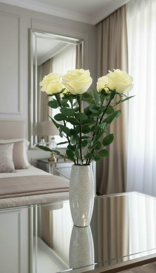 Создайте уютный и стильный интерьер спальни, поставив белые розы в вазе на прикроватную тумбу с зеркальной поверхностью.  
