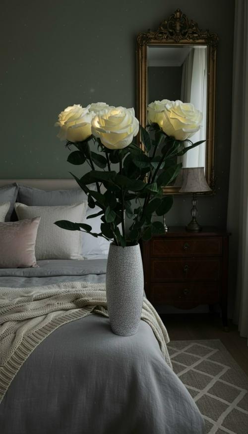 Создайте уютный и стильный интерьер спальни, поставив белые розы в вазе на прикроватную тумбу с зеркальной поверхностью. 01