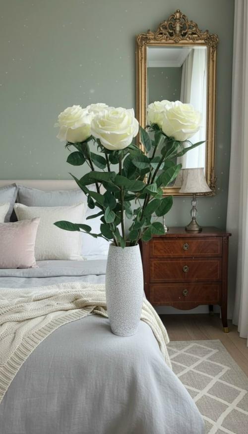 Создайте уютный и стильный интерьер спальни, поставив белые розы в вазе на прикроватную тумбу с зеркальной поверхностью. 02