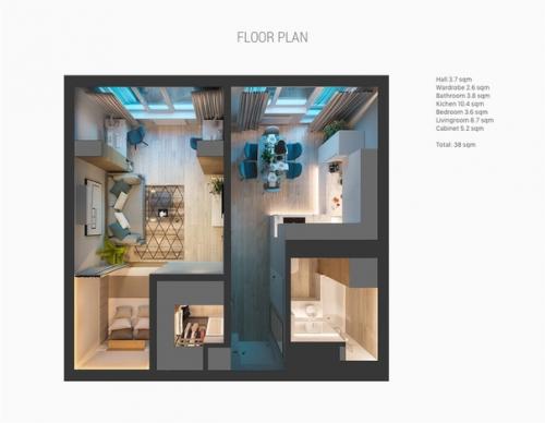 Стильная планировка однокомнатной квартиры площадью 38 кв. 06