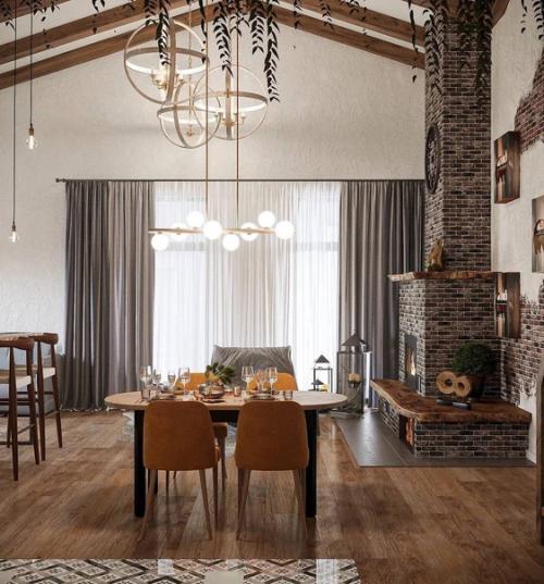 Кухня - гостиная в загородном доме в стиле фармхаус. 01