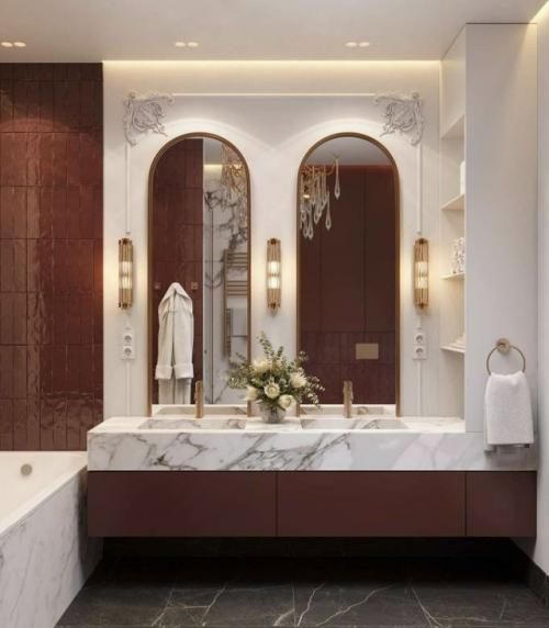 В ванной комнате царит атмосфера изысканности и комфорта, благодаря продуманной композиции, где каждая деталь играет свою роль. 

