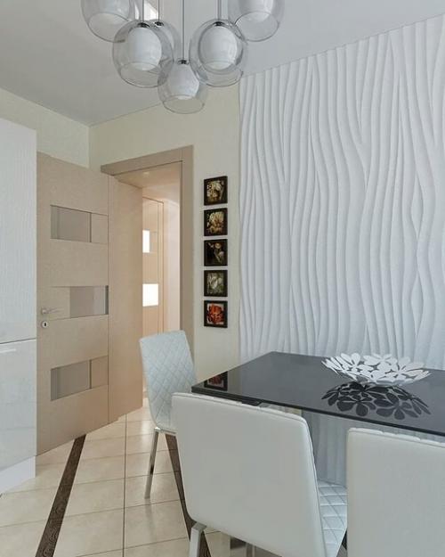 Приятный проект кухни с гипсовыми панелями у обеденной зоны. 01