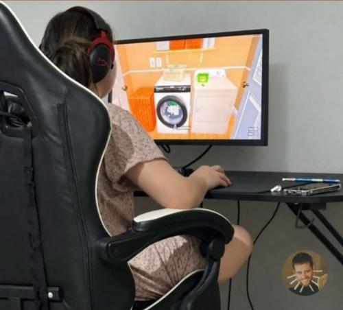 Жена отжала у мужа игровой компьютер, чтобы поиграть в симулятор жены. 

