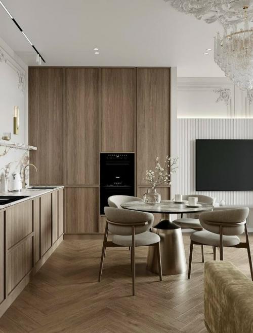 Кухня - гостиная с характером - оливковый диван, мрамор и хрусталь подчеркивают стиль, а шпон добавляет тепло и глубину. 02