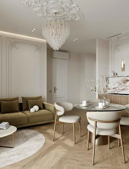 Кухня - гостиная с характером - оливковый диван, мрамор и хрусталь подчеркивают стиль, а шпон добавляет тепло и глубину. 01