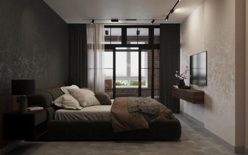 Спальня в ЖК Метропарк.   Клиенты захотели сделать комнату достаточно темной и минималистичной и поставить туда большую кровать. 06