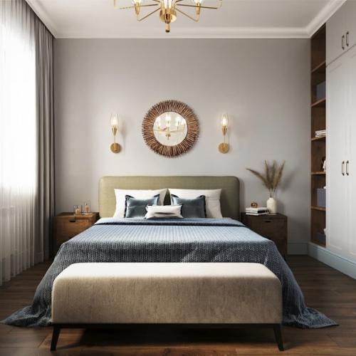 Интерьер спальни. Клиентка изначально не хотела шкаф в спальне и хотела ограничиться комодом, так как в квартире есть отдельная гареробная. 01