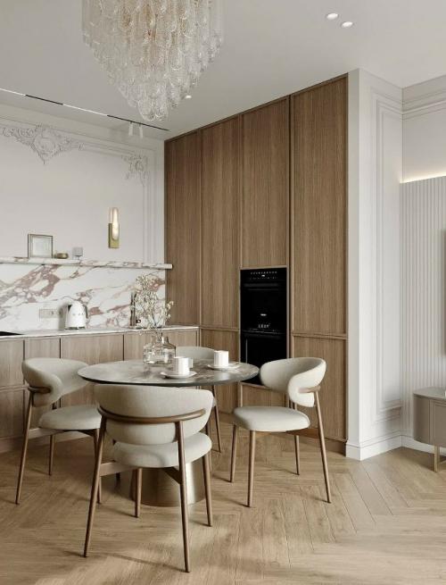 Кухня - гостиная с характером - оливковый диван, мрамор и хрусталь подчеркивают стиль, а шпон добавляет тепло и глубину. 03