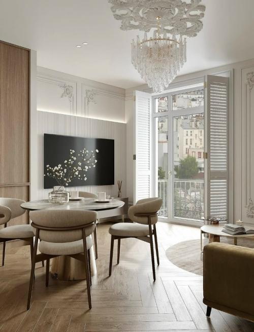 Кухня - гостиная с характером - оливковый диван, мрамор и хрусталь подчеркивают стиль, а шпон добавляет тепло и глубину. 04